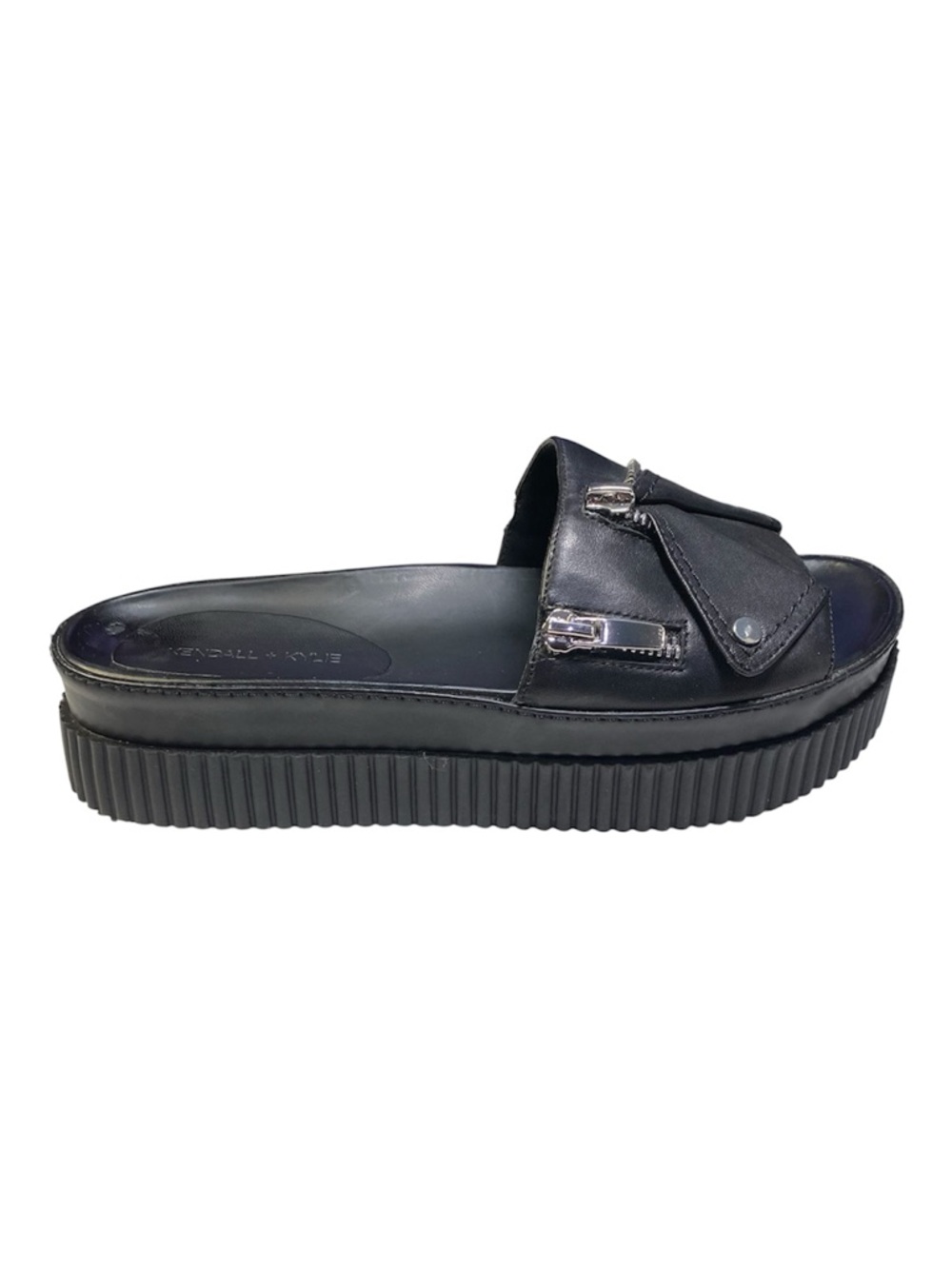 New Kendall + Kylie Icon Slides Size 8 Sandals Black Leather & PVC Rocker Chic
